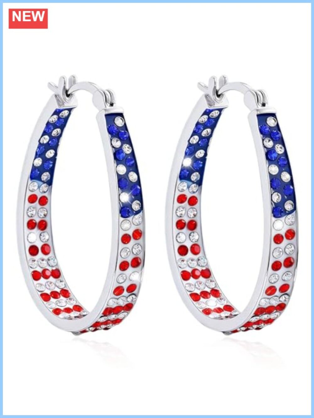 Patriotic Hoop Earrings Sparkly Crystal Hinge Clasp 4th of July